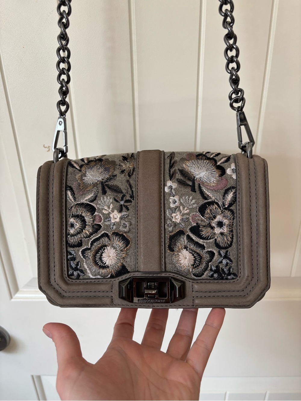 Authentic Rebecca Minkoff Small Love Crossbody Grey Suede Floral Embroidered Bag